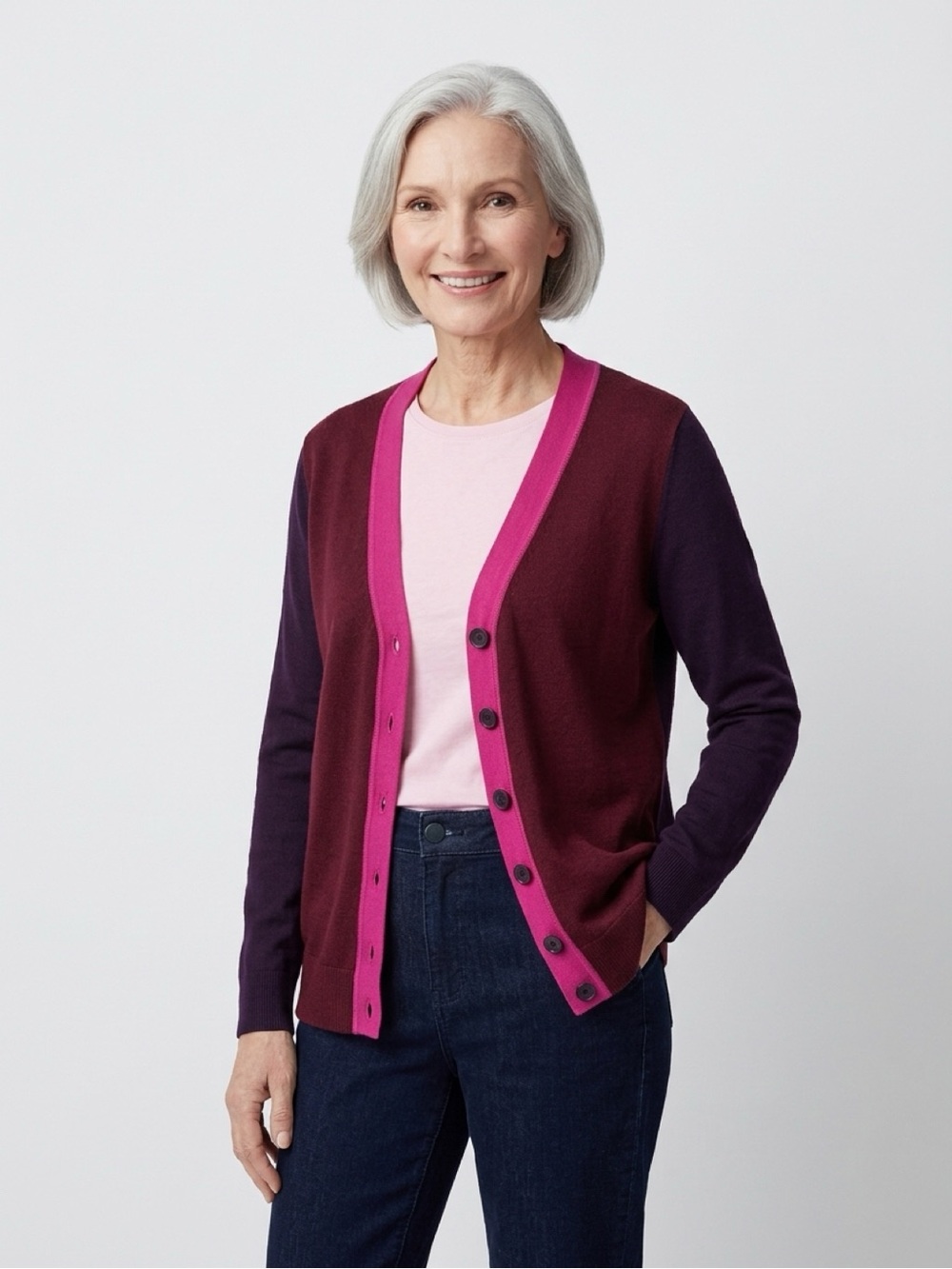 Coldwater Creek Burgundy Cardigan with Fuchsia Trim